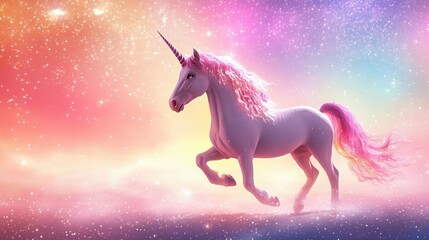 Fototapeta premium Enchanted Unicorn Galloping Through a Starry Pastel Dreamscape Pink Mane Magical Horn Fantasy Art Sparkles Mystical