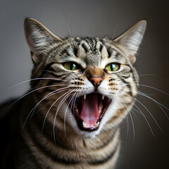 Naklejka premium Close-up of a tabby cat with green eyes, mouth open, showing teeth, possibly hissing or yawning.