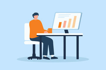 Illustration of a man working at a desk with a computer showing a bar graph holding a mug light blue background