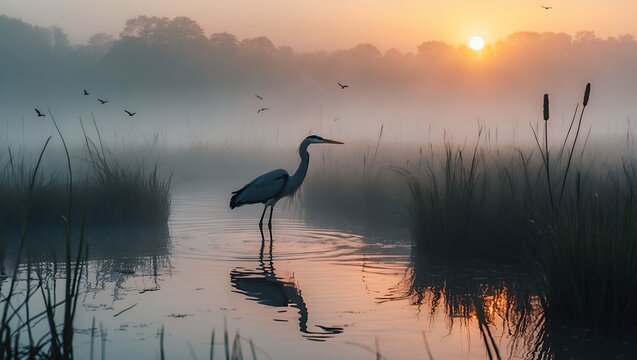 Heron standing in marsh water during a foggy sunrise scene