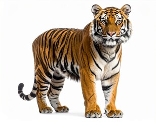 Obraz premium Realistic photo of a single tiger standing on a pure white background, full body, sharp details in fur and eyes