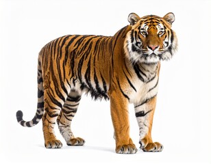 Obraz premium Realistic photo of a single tiger standing on a pure white background, full body, sharp details in fur and eyes