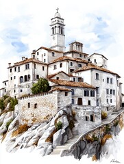 Watercolor Painting of a Hilltop Village with Stone Buildings and a Bell Tower