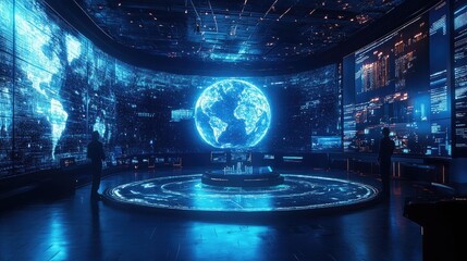 Futuristic Control Room Global Data Visualization Cyber Security Tech Digital World Earth Hologram Analytics Network