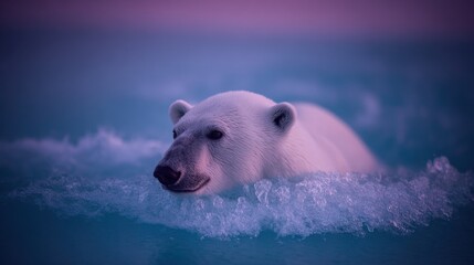 Polar bear swimming in icy water at dawn