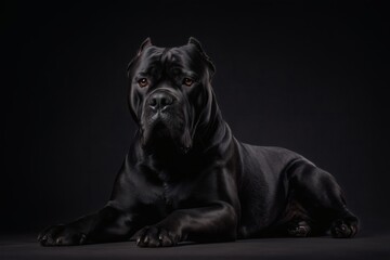 Cane corso lying down, Strong black mastiff on black, Calm but vigilant guard dog concept