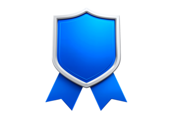 Blue shield with ribbon emblem, Safety and security badge symbol, Digital protection and trust concept