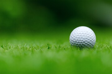 Fototapeta premium Golf ball on fresh green, Sport equipment close-up, Golf or outdoor leisure concept