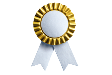 Gold and white ribbon medal, Award badge on blue background, Achievement or excellence recognition design