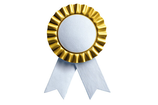 Gold and white ribbon medal, Award badge on blue background, Achievement or excellence recognition design