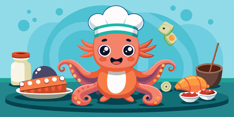 Obraz premium An underwater sushi chef octopus skillfully prepares delicious sushi rolls for hungry customers in an ocean scene