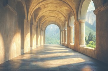 Fototapeta premium Sunlit arched colonnade hallway leading to a vista of mountains and trees