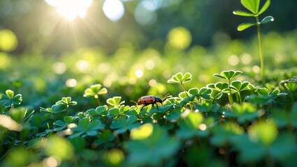 Small Insect Walking on Green Clover with Sunlight Backlighting Scene