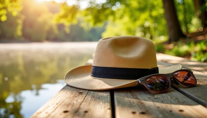 Fishing hat and sunglasses resting on a wooden bench by the lake  