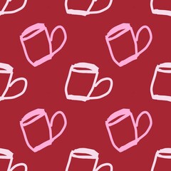 Seamless pattern with coffee cups, hand drawn mug design. Doodle background. Pink and red.
