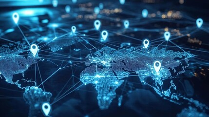 Global industrial assembly line interconnected with international factory icons and shipping routes on supply chain map, representing logistics, manufacturing, and worldwide export distribution


