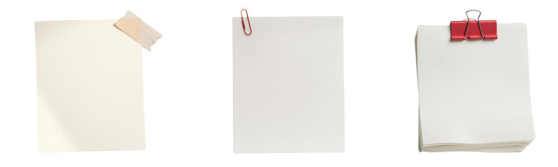blank paper sheets with clip, pin and tape on white background