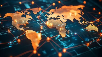 Global industrial assembly line interconnected with international factory icons and shipping routes on supply chain map, representing logistics, manufacturing, and worldwide export distribution

