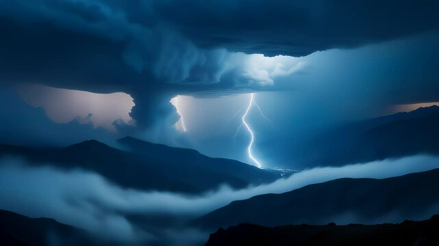 Lightning bolts strike mountains during dramatic night storm