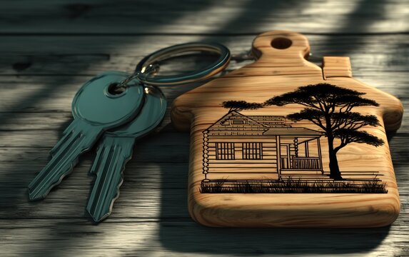 Wooden house-shaped keychain with keys - Powered by Adobe