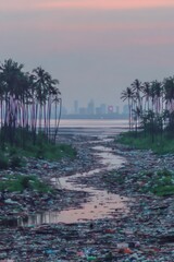 Polluted waterway at dawn