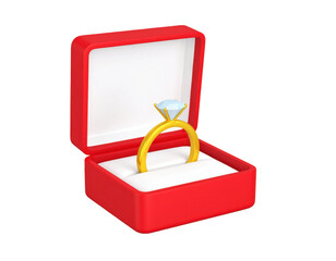 Wedding ring with diamond in red case for engagement and marriage concept isolated on white background