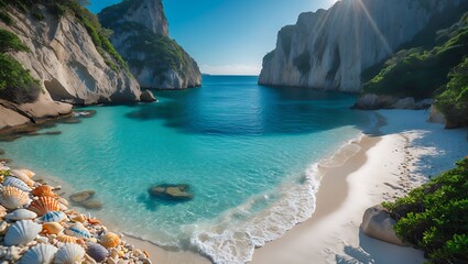 Fototapeta premium Idyllic Beach Cove with Turquoise Water, White Sand, and Rocky Cliffs