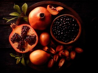 Pomegranate and exotic fruit arrangement on wooden platter