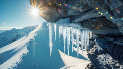 Icicles Hang from Rocky Overhang with Mountain Vista and Bright Sunlight