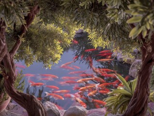 Pond scene with koi fish