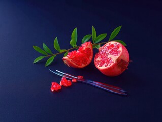 Pomegranate halves on dark background with leaves and fork