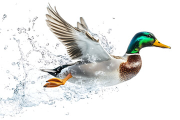 Obraz premium A vibrant mallard duck in flight creates a dynamic water splash a stunning wildlife scene perfect for nature websites or publications