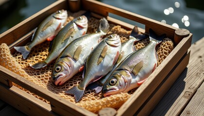 Freshly caught fish lying on ice in a wooden box by the water  