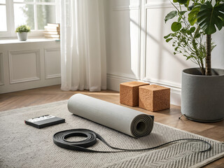 Minimalist living room corner with rolled yoga mat, cork yoga blocks, resistance band, and Bluetooth speaker on textured rug with soft natural light, fitness and wellness lifestyle
