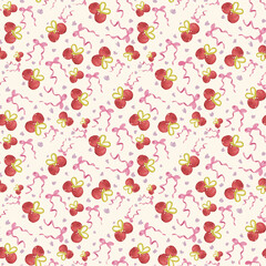 Cherry with ribbon seamless pattern, fun and pink color cute girl and kid coquette style, for wallpaper, backdrop, background, textile