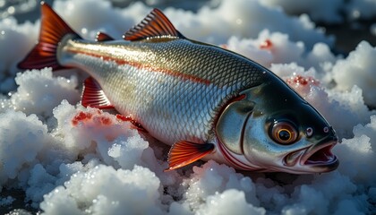 Freshly caught fish lying on ice with blood and scales visible  