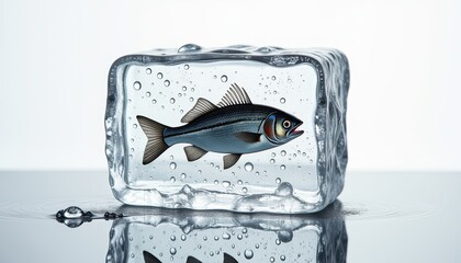 Freshly caught fish encased in ice with water droplets on surface  
