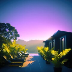 Poolside resort at dawn, vibrant colors
