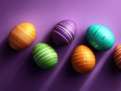 Colorful Easter eggs arranged on a purple background