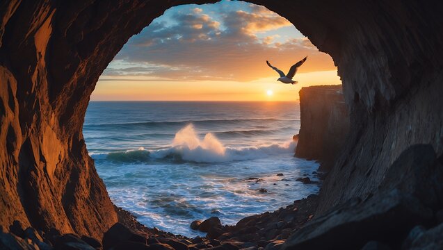 Ocean View from Cave Opening with Bird Flying at Sunset