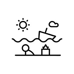 Illustration of a beach scene with sun, cloud, boat, and person swimming