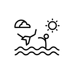 Stick figure swimming in wavy water with sun and cloud in line drawing