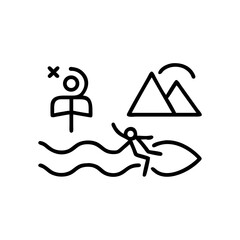 Stick figure surfing on a wave with mountains and a swimmer in the sea