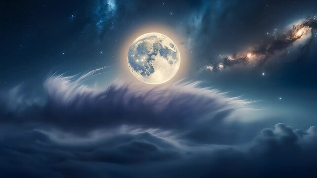 Moonlit clouds surge past full moon and nebula - Powered by Adobe