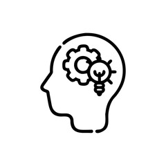 Outline of a head with a gear and lightbulb inside representing ideas