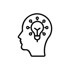 Outline of a head with a lightbulb and connected circles inside it