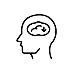 Outline of a head with brain and downward arrow inside representing thought