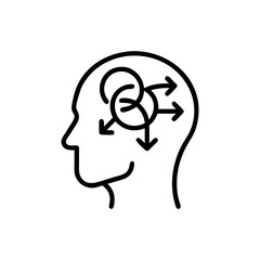 Outline of a head with circles and arrows inside the brain area shown