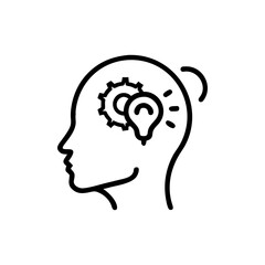 Line art of a head profile with a gear and lightbulb inside the head
