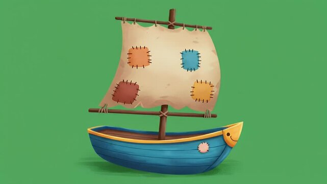 Cute cartoon boat illustration with patchwork sail